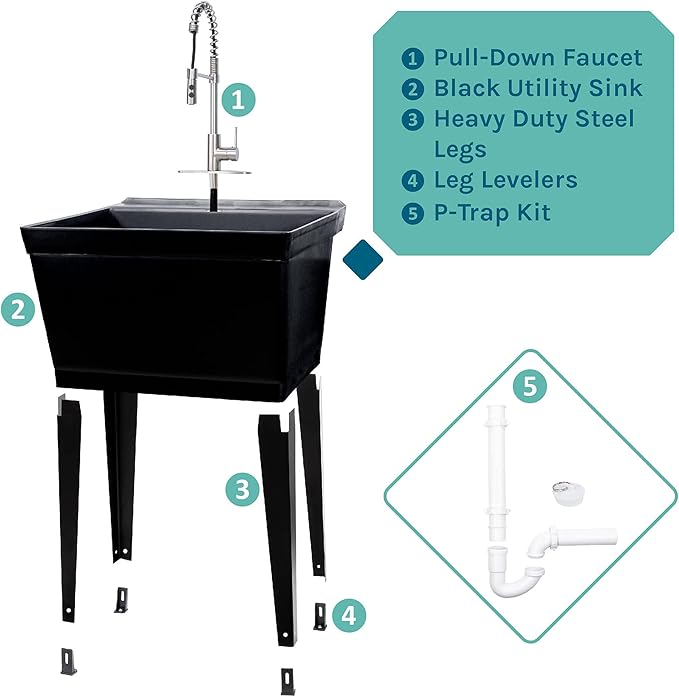 Utility Sink Extra-Deep Laundry Tub in Black with High-Arc Stainless Steel Coil Pull-Down Sprayer Faucet, Integrated Supply Lines, P-Trap Kit, Heavy Duty Floor Mounted Freestanding Wash Station
