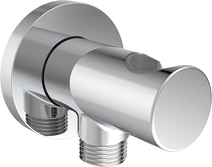 Aquaiaw Wall Supply Elbow with O-Ring Flange, Tapered 1/2 NPT Female Inlet, Solid Brass Wall Union With Handshower Holder, Round Wall Supply Elbow With Hand Held Shower Head Bracket, Polished Chrome