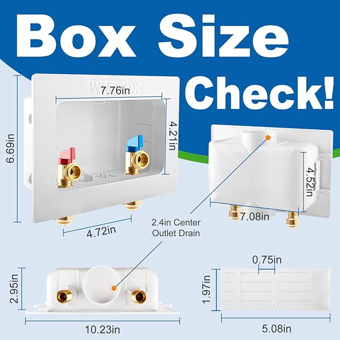 Washing Machine OutLet Box With Brass Valve, 1/2 Inch Push-Fit Inlet x 3/4 Inch MHT Outlet, Push-to-Connect Center Drain Laudry Box
