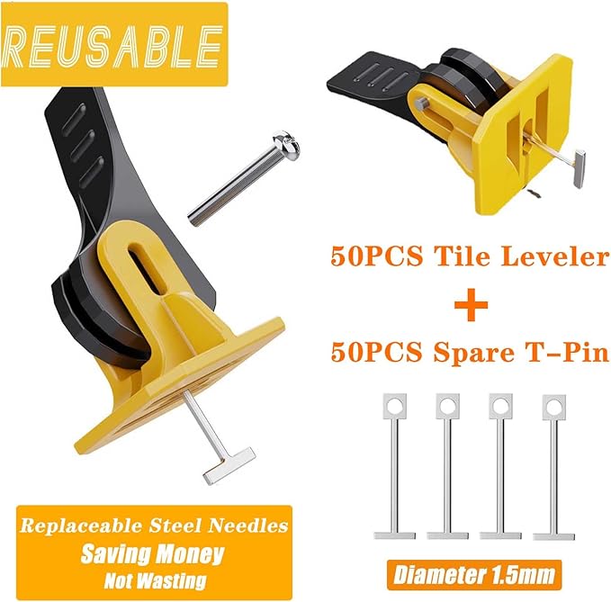 Tile Leveling System Kit 1/8 Tile Spacers Reusable 50pcs Leveler Tile Tools for Installation+50pcs Replaceable Spare Steel T-Pin Upgraded Adjustable Fit 8-12mm Tile Floor Leveling Compounds Set