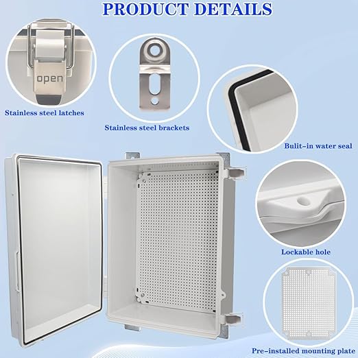 Waterproof Electrical Box Junction Box Weatherproof IP67 ABS Plastic Enclosure Switch Router Project Box Electronics DIY Enclosure with Mounting Plate and Wall Bracket Grey 16.1"x12.2"x7.1"