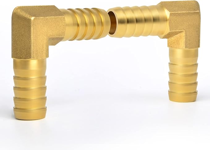 GASHER 5 Pieces Brass Hose Barb Reducer, 5/8 Inch to 5/8 Inch Barb Hose ID 90 Degree L Right Angle Elbow with 10 Hose Clamps, Brass Barb Reducer SPLICER Fitting Fuel/AIR/Water/Oil/Gas/WOG