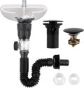 iFealClear Bathroom Sink Drain Kit, Flexible P-Trap Drain Pipe with Pop Up Stopper, Sink Pipe Replacement with 2 Adapters, Fits 1-1/4'', 1-1/2'', 2" Holes, Big Cover Cap, Brass Bounce Core, Black