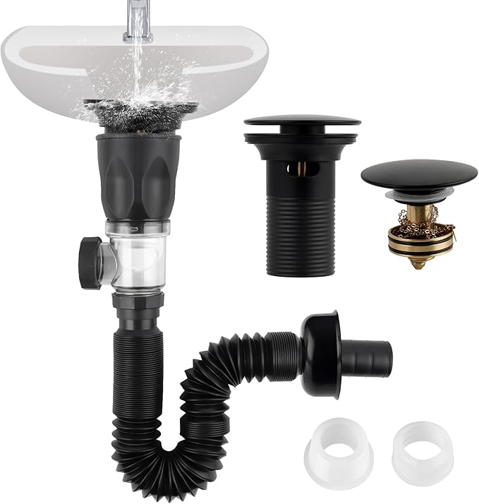 iFealClear Bathroom Sink Drain Kit, Flexible P-Trap Drain Pipe with Pop Up Stopper, Sink Pipe Replacement with 2 Adapters, Fits 1-1/4'', 1-1/2'', 2" Holes, Big Cover Cap, Brass Bounce Core, Black
