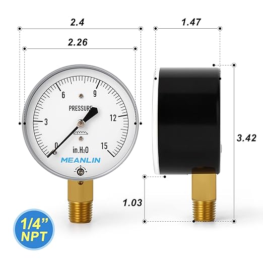 MEANLIN MEASURE 0-15 in H2O Diaphragm Type Capsule Low Pressure Gauge, 1/4" NPT, 2-1/4" Face Dial, Adjustable Water Column Gauge, Lower Mount