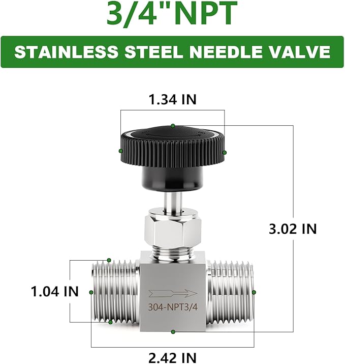 TAISHER 1PCS 304 Stainless Steel Straight Needle Valve 3/4" NPT Male For Flow Control Water Gas Oil