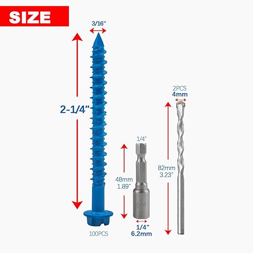 100Pcs 3/16" x2-1/4 Concrete Screws with Drill Bit, Hex Head Concrete Cement Screws Anchor Assortment Kit for Masonry, Block Brick or Stucco