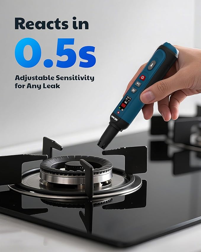 AGT-1988 Rechargeable Natural Gas Detector, Gas Leak Detector with TFT Display, 0.5s Response, 0–9999PPM Range, Portable for Detecting Combustible Leaks Like Propane, Methane for Home & RV