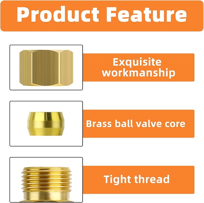 GASHER 10PCS Brass Compression Tube Pipe Fitting Connector, 1/4" Tube OD x 1/4" Tube OD Connector