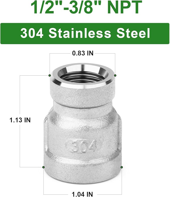 TAISHER 5PCS 304 Stainless Steel Cast Pipe Fitting, Reducer Coupling, 1/2" x 3/8" NPT Female Threaded