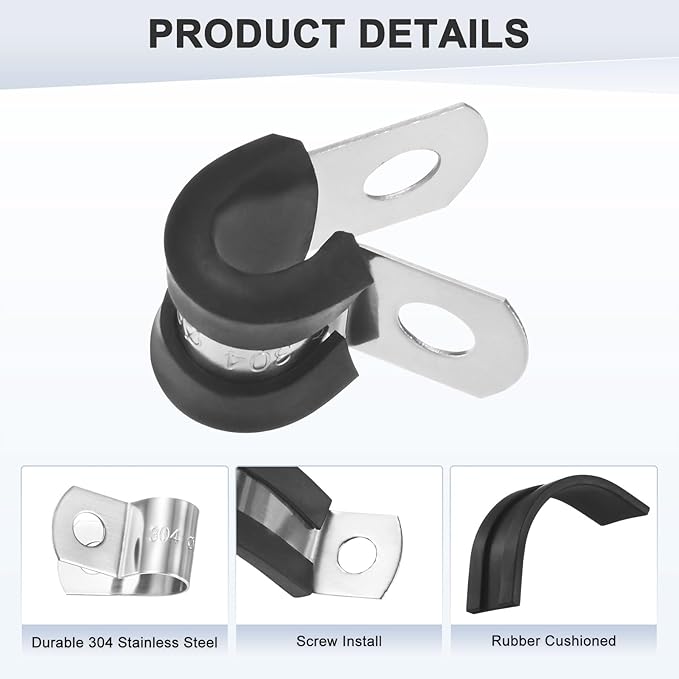 20-Pack Cable Clamps, 15/64 Inch/ 6 mm 304 Stainless Steel Rubber Cushioned Insulated Cable Clamp R Shape Metal Holder for Tube/Wire/Pipe/Loop Installation