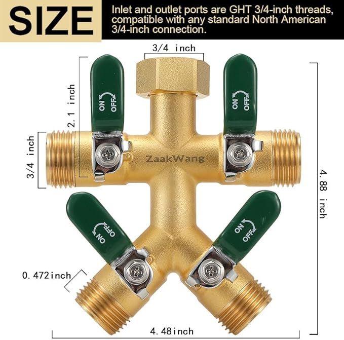 Garden Hose Splitter, 4-Way Full Flow Outdoor Faucet, Heavy Duty Brass Hose Manifold Wiht Green Long Handle, High Flow Faucet Adapter, 3/4-Inch GHT