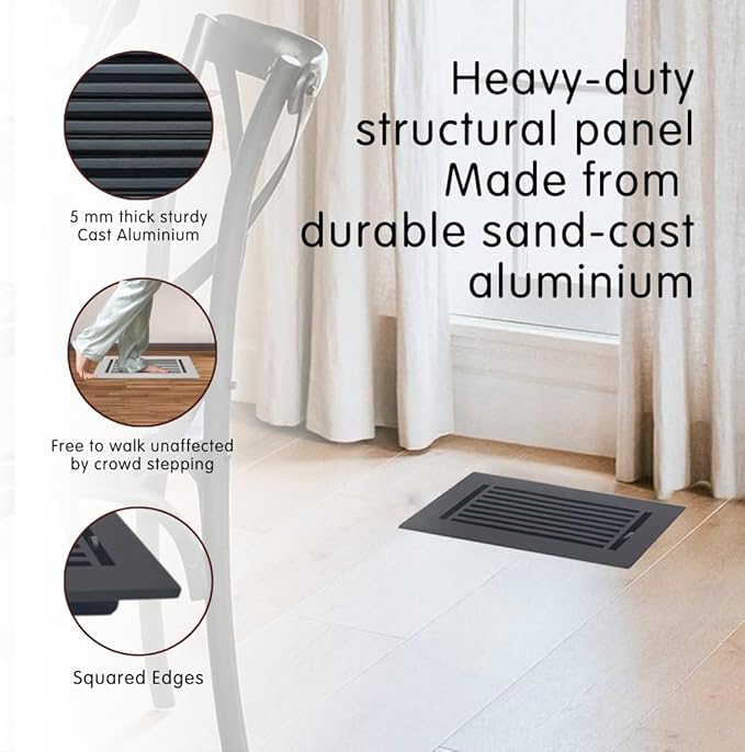 Prima Decorative Floor Register 4x10 – Cast Aluminum Heavy-Duty Air Vent Cover – Matte Black – Walkable Design with Easy-Adjust Louvers – 6x12 Faceplate, 5mm Thick – No Screw Holes