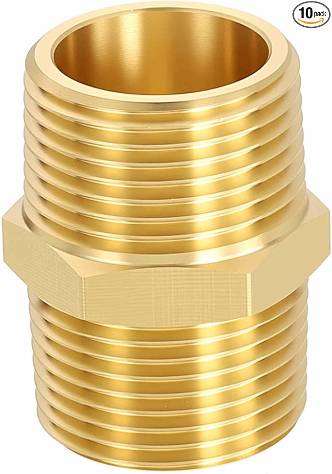 10 Pack Brass Pipe Fittings, 3/4" Male NPT to 3/4" Male NPT Brass Hex Nipple, Male Pipe Adapter Reducer for Air, Oil, LP