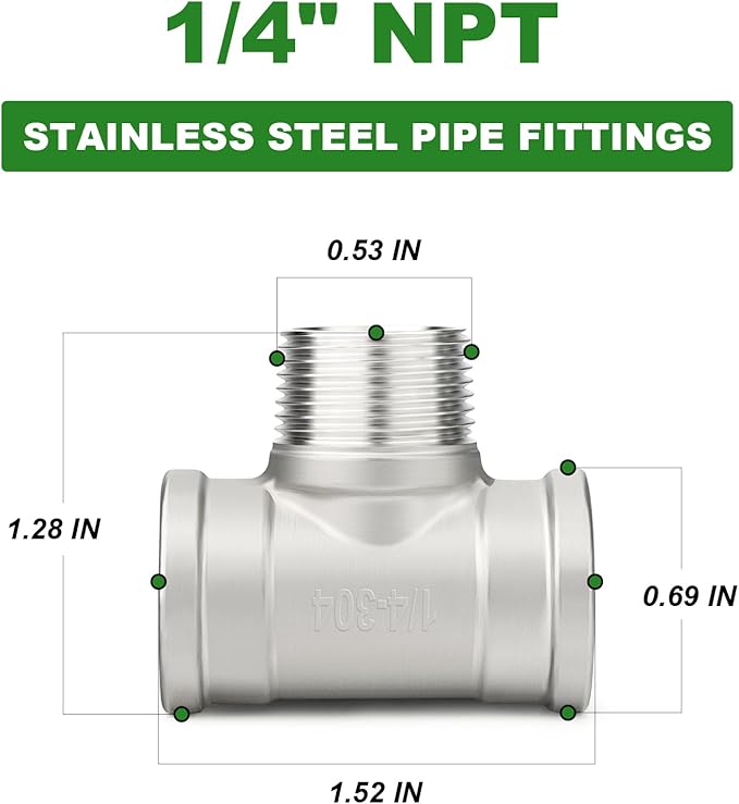 TAISHER 5PCS 304 Stainless Steel Tee Pipe Fittings, 1/4" NPT Female x 1/4" NPT Male x 1/4" NPT Female Pipe Fittings, Male Branch Tee