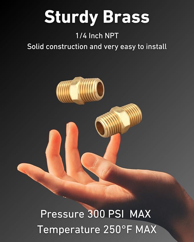 Brass Hex Nipple 1/4 Inch NPT x 1/4 Inch NPT Male Pipe Adapter, Thread 0.5" OD to 0.5" OD, (4 Piece)