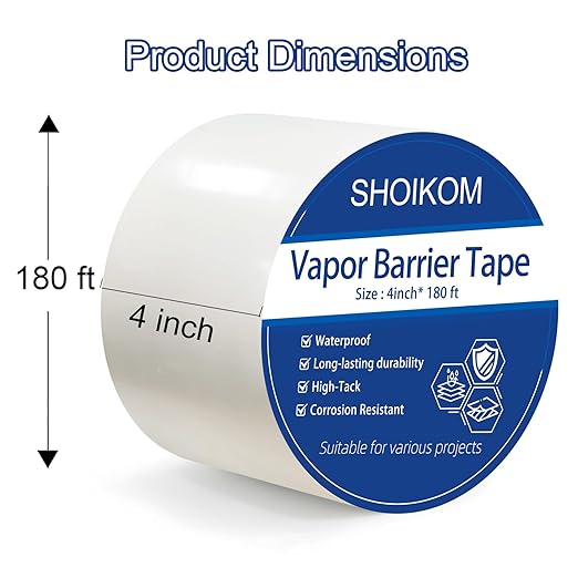 9mil 4-Inch x 180-Foot White Vapor Barrier Tape, Polyethylene Waterproof Seal & Seam Tape for Crawl Spaces, Moisture-Proof & Sealing Solution