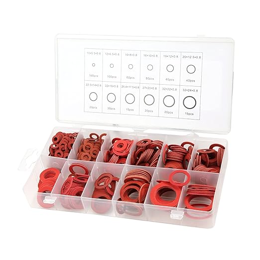 Fiber Flat Washers, Washer Assortment, Insulation Assorted Fiber Washers, High Temperature Rubber Flat Washer, Red Steel Washer Plumbing Kit with Plastic Box, 600pcs, 12 Sizes