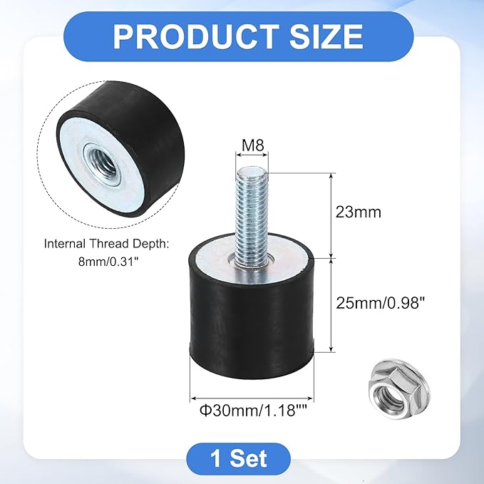 uxcell M8 Rubber Mounts, 1Pcs 30x25mm(DxH) Rubber Cylindrical Anti Vibration Isolator Shock Absorber with Lock Nut for Car Bobbin Generator Air Compressors