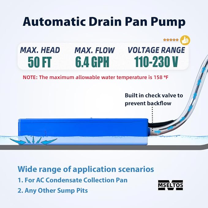 6.4 GPH 50 FT Max Head Drip Pan HVAC Condensate Pump 110V/230V w/Automatic Safety Switch, Quiet Removal Auto Sump Pump Submersible Water Pump for AC, Dehumidifier, Furnace, Basements