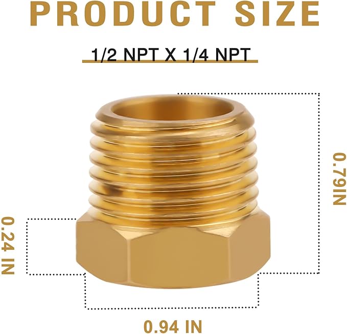 NPT1/2 Male x NPT1/4 Female Brass Reducer Hex Bushing Threaded Fitting Adapter, Water/Oil/Gas Pipe Fitting, 2PCS