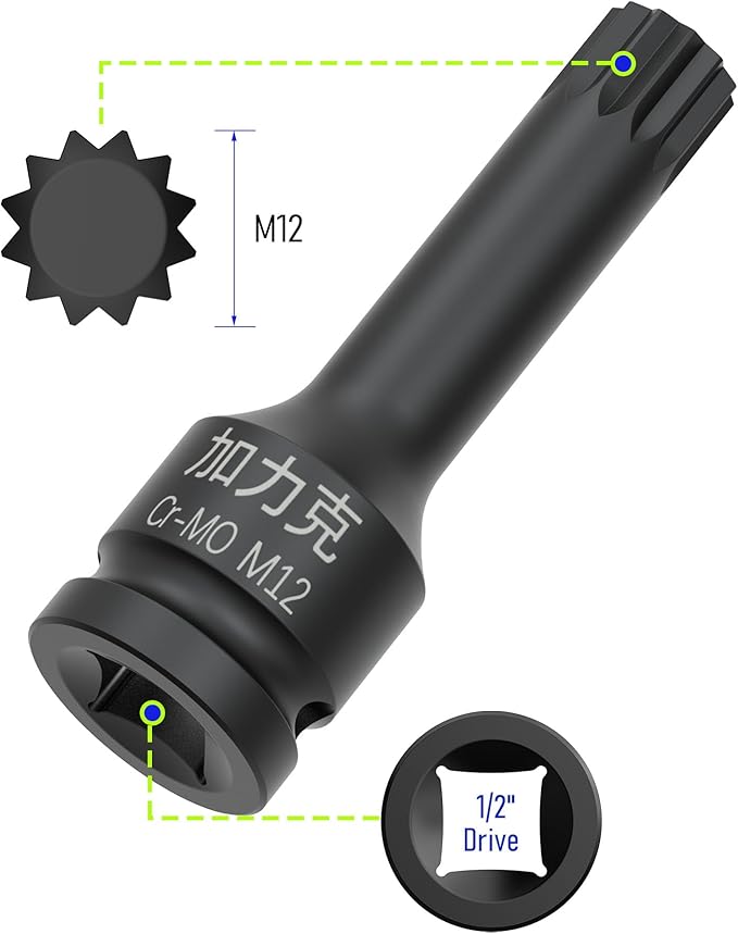 1/2-Inch Drive x M12(12mm） Impact XZN Triple Square Spline Bit Socket, Metric Lengthen Screwdriver Socket Adapter, 3-Inch Length, CR-MO Steel, One-Piece Construction, Black