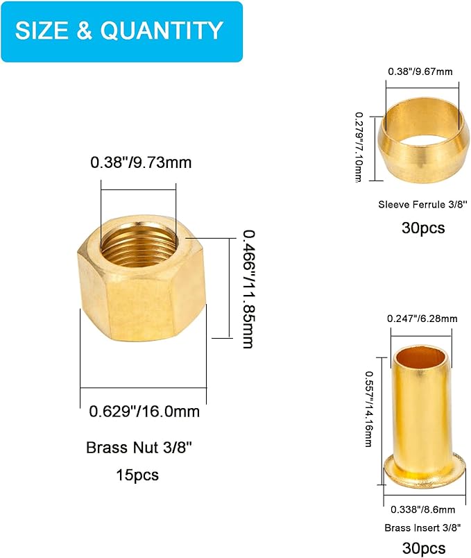 75pcs 3/8 Assortment Kit Brass Compression Sleeves Ferrules & Insert &Nuts