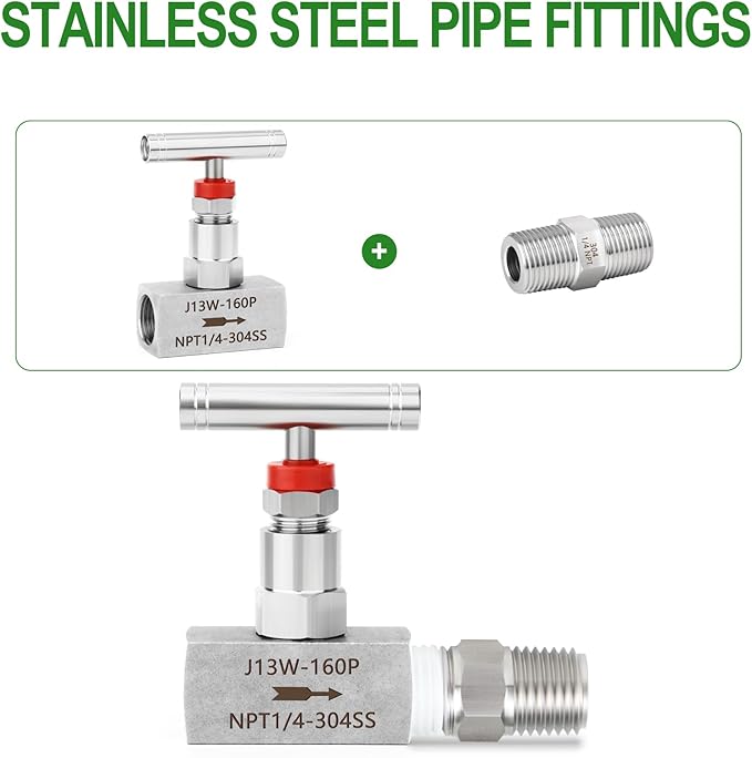 TAISHER 2PCS 304 Stainless Steel High Pressure Straight Needle Valve 1/4" Female NPT For Flow Control Water Gas Oil With Nipple