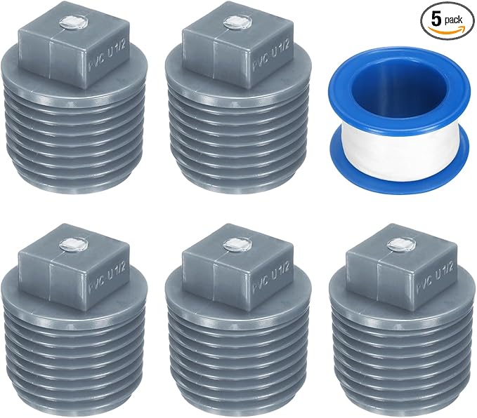 uxcell 5Pcs 1/2 Inch PT Male Thread PVC Pipe Fitting Plug, Cleanout Plugs, Water Drain End Caps Coupling Adapter with Tape for Water Heater Supply Lines, Plumbing, Gray