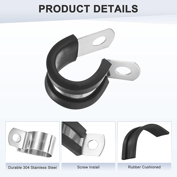 12-Pack Cable Clamps, 9/16 inch/ 14 mm 304 Stainless Steel Rubber Cushioned Insulated Cable Clamp R Shape Metal Holder for Tube/Wire/Pipe/Loop Installation
