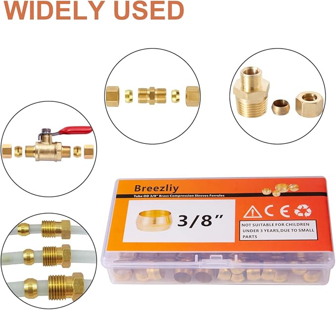 50PCS Tube OD 3/8" Brass Compression Sleeves Ferrules,Brass Compression Fitting Assortment Kit (3/8" Tube OD)