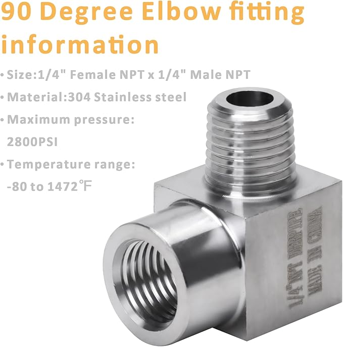 90 Degree Street Elbow - 1/4" NPT Male to 1/4" NPT Female Stainless Steel 304 Heavy Duty Forged Square Barstock Street Elbow Adapter Pipe Fitting (pack of 5)