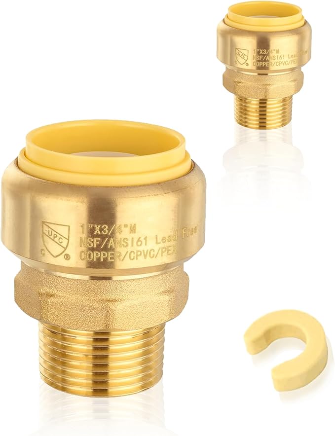 20-Pack HeSun Pushfit Male Adapter, 3/4" MNPT x 1" Push to Connect Plumbing Fittings with Disconnect Clip, Brass Push-fit Fittings for PEX, Copper, CPVC, PE-RT Pipes(PF150-20)