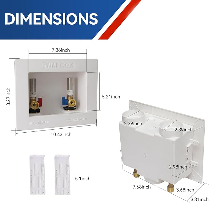 Washing Machine Outlet Box with Water Hammer Arrestor,1/2 Inch PEX F1807 Inlet Connection,3/4 Inch MHT Outlet Male Thread Connection, PEX Box with Center Drain with 1/4-Turn Ball Valve