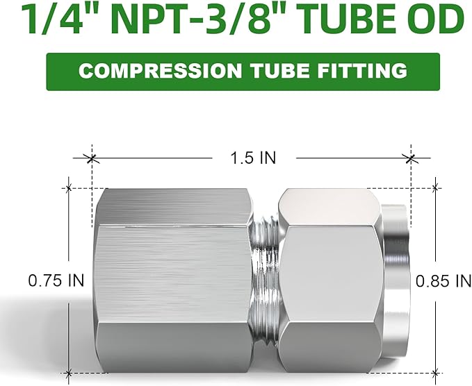 TAISHER 2PCS 304 Stainless Steel Compression Tube Pipe Fitting Connector, 3/8" Tube OD x 1/4" NPT Female Straight Adapter