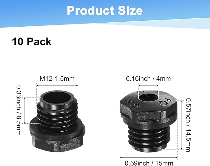 10-Pack Inner Hex Head Pipe Plug End Cap, M12x1.5mm Nylon Garden Hose Stopper Connector Plug with Sealing Ring for Terminating Pipe Ends [Black]