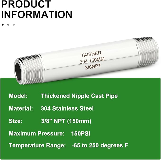 TAISHER 2PCS Stainless Steel Pipe Fittings, 3/8" NPT Male x 3/8" NPT Male Threaded, 6" Length Thickened Nipple Cast Pipe