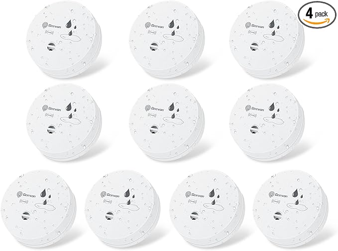 Geevon 4 Pack Water Leak Detectors, 100dB Water Sensor Alarms Flood Detector for Basements, Bathrooms, Laundry Rooms, Kitchens, Garages, and Attics, Water Alarms Battery-Operated (Battery Included)