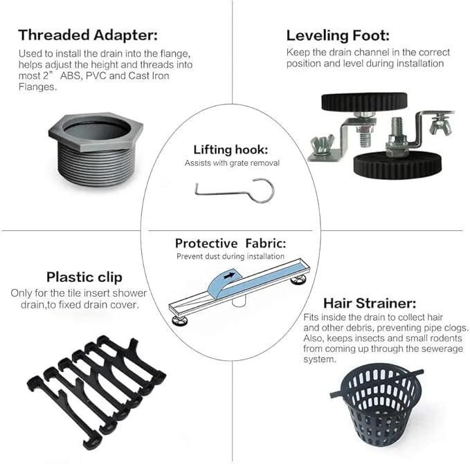 Neodrain 18-Inch Linear Shower Drain,with 2-in-1 Flat & Tile Insert Shiny Black Cover, Rectangle Shower Floor Drain, Linear Drain with Adjustable Leveling Feet, Hair Strainer