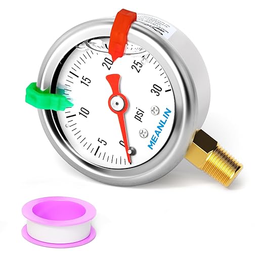 MEANLIN MEASURE 0~30Psi Pressure Gauge, Glycerin Filled 1/8" NPT 1.5" FACE DIAL, Stainless Steel Liquid Filled Pressure Gauge WOG Water Oil Air Lower Mount (with 2PCS Snaps)