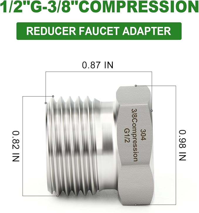 TAISHER 5PCS 304 Stainless Steel Reducer Water Hose Adapter 1/2" G Thread (BSP) × 3/8" Compression Pipe Fitting for kitchen bathroom faucet supply line adapter with rubber gasket