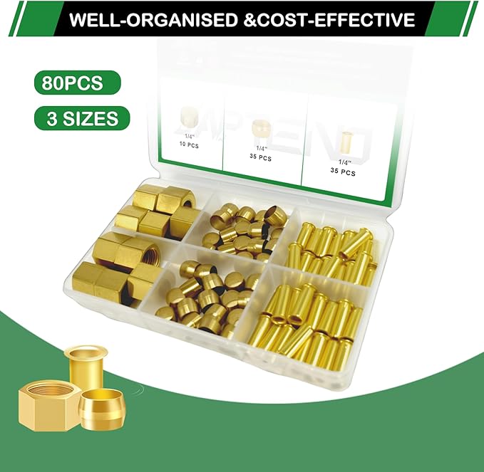 80pcs 1/4" Brass Compression Sleeves Ferrules Inserts Nuts Fittings Assortment Kit, Air Hose Ferrules Kit of Air Water Fuel Oil Gas Tube Lines