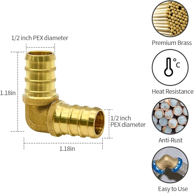 50 Pack 1/2" PEX Fittings, Brass Elbow Fittings, for PEX Tubing Pipe