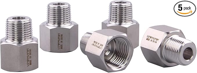 Forged Reducer Adapter Fitting - Stainless Steel 304 Reducing Pipe Connector, 1/2" NPT Female x 3/8" NPT Male (pack of 5)