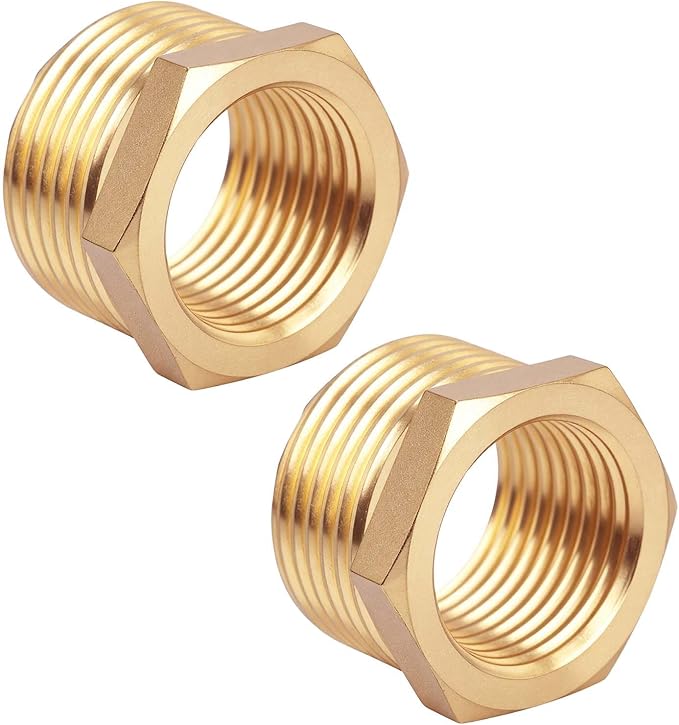 2 Pack 3/4" NPT Male x 1/2" NPT Female Pipe Fitting Adapter, Brass Reducer Hex Bushing, Heavy Duty Threaded Reducer for Plumbing, Air, Gas, Oil, and Hydraulic Systems
