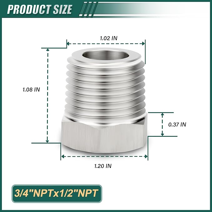 5PCS 304 Stainless Steel Reducer Hex Bushing, 3/4" NPT Male x 1/2" NPT Female, Reducing Pipe Adapter Fitting, for Air/Fuel/Water/Gas/Oil