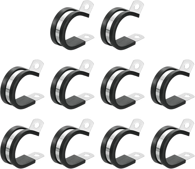uxcell 1-1/8"(28mm) Cable Clamp, 304 Stainless Steel Rubber Cushioned Insulated Clamp R Shape Metal Clamp Tube Holder for Pipe Hose Wire Cord Installation 10Pcs