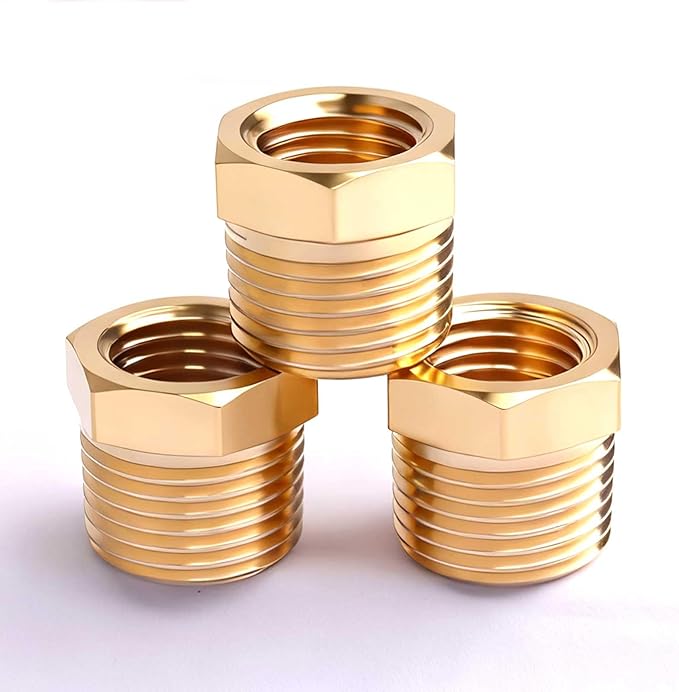 3/8" NPT Male to 1/4" NPT Female Brass Hex Bushing Reducing Bushing Pipe Fitting, Brass Fitting Reducer Adapter 3 Pack