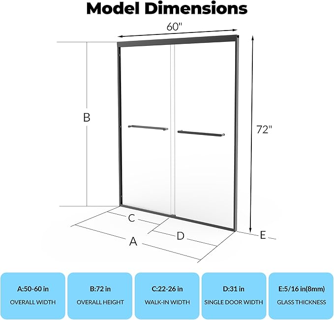 8mm Double Sliding Shower Door - 56 to 60 inch Adjustable Width x 72 inch Height - Space-Saving Bypass Shower Enclosure with Square Track Frame & Matte Black Finish