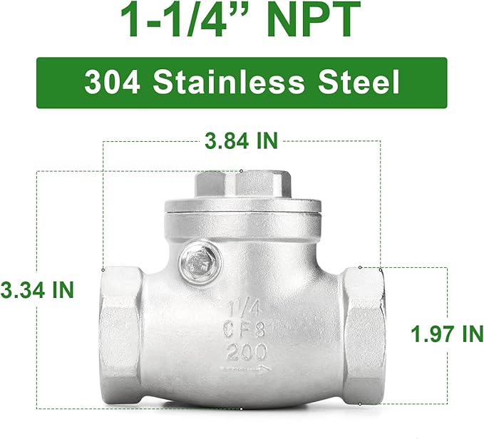 TAISHER 1PCS 304 Stainless Steel 1-1/4" NPT Female Swing Check Valve，Backflow Prevention, One Way Check Valve CF8 WOG 1000